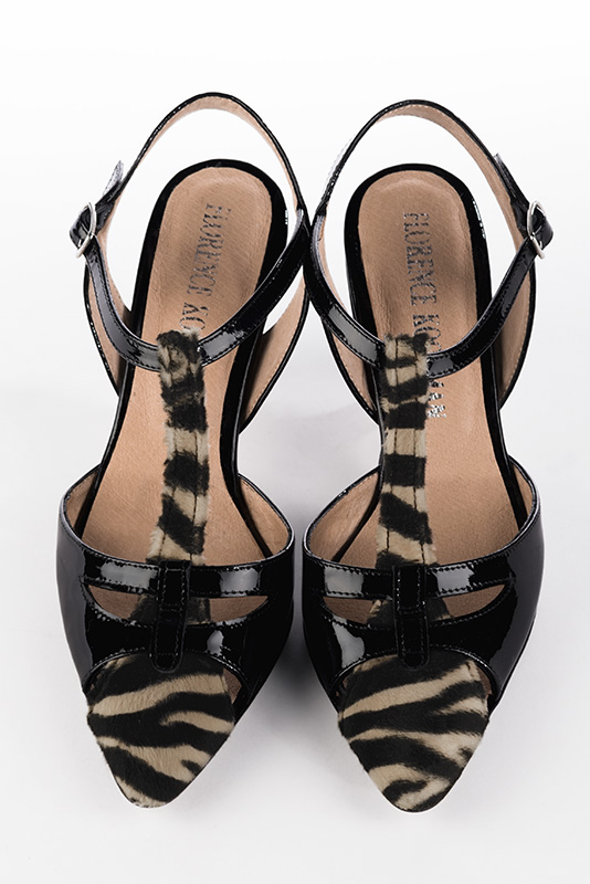 Safari black women's open back T-strap shoes. Tapered toe. Medium spool heels. Top view - Florence KOOIJMAN